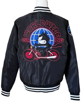 Felix The Cat Universal Studios Varsity Bomber Jacket Patchwork Moto Black Small